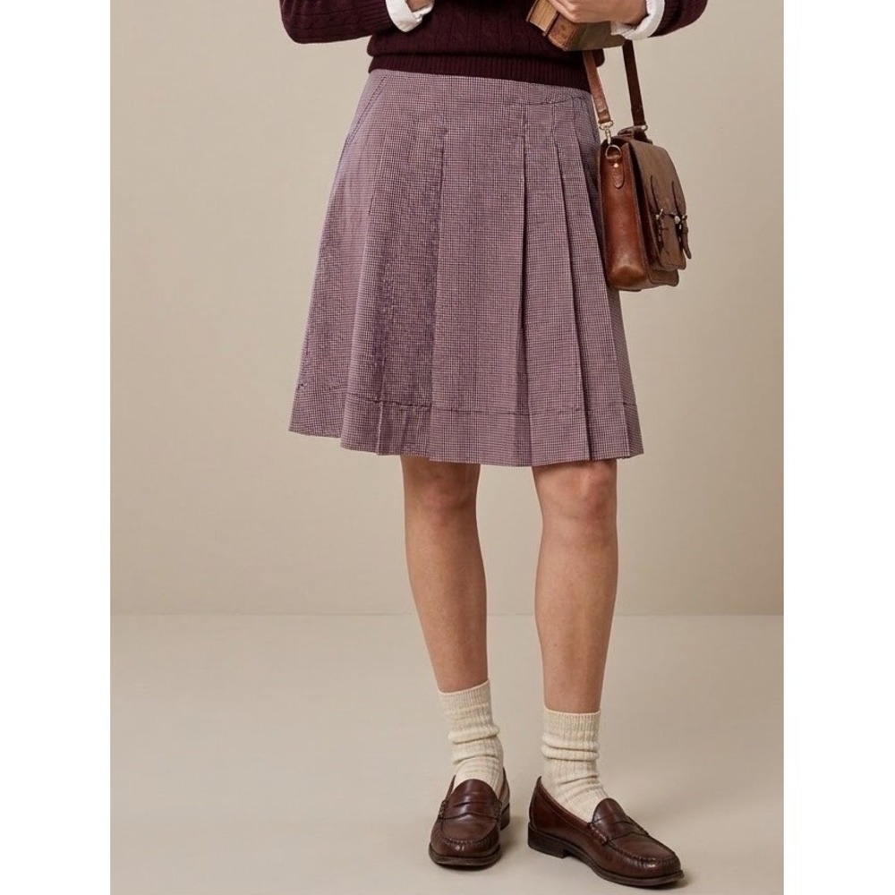 Rene Lezard Pleated Skirt 38 Brown Gingham Check Cotton Preppy Academia School